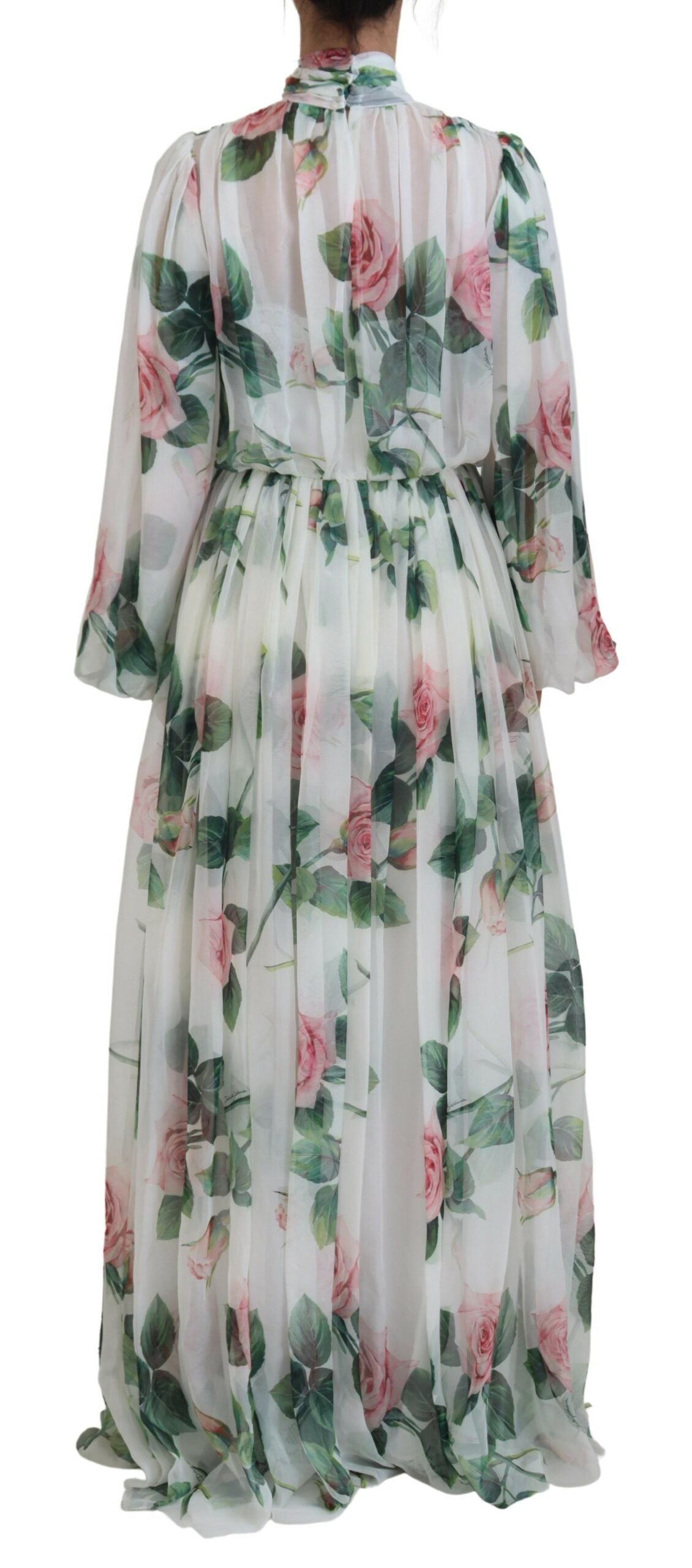Dolce & Gabbana White Floral Roses Silk Maxi Long Gown Dress