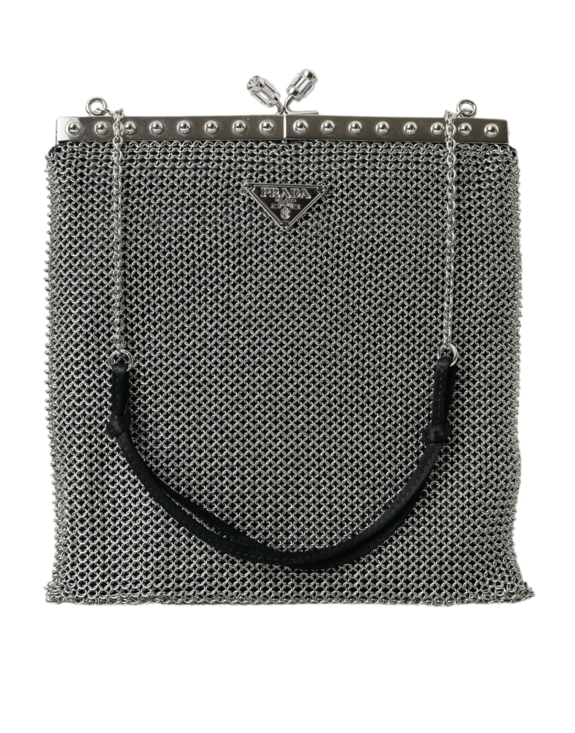 Prada Gray Chain Metal Mesh Logo Plaque Bandoliera Shoulder Bag