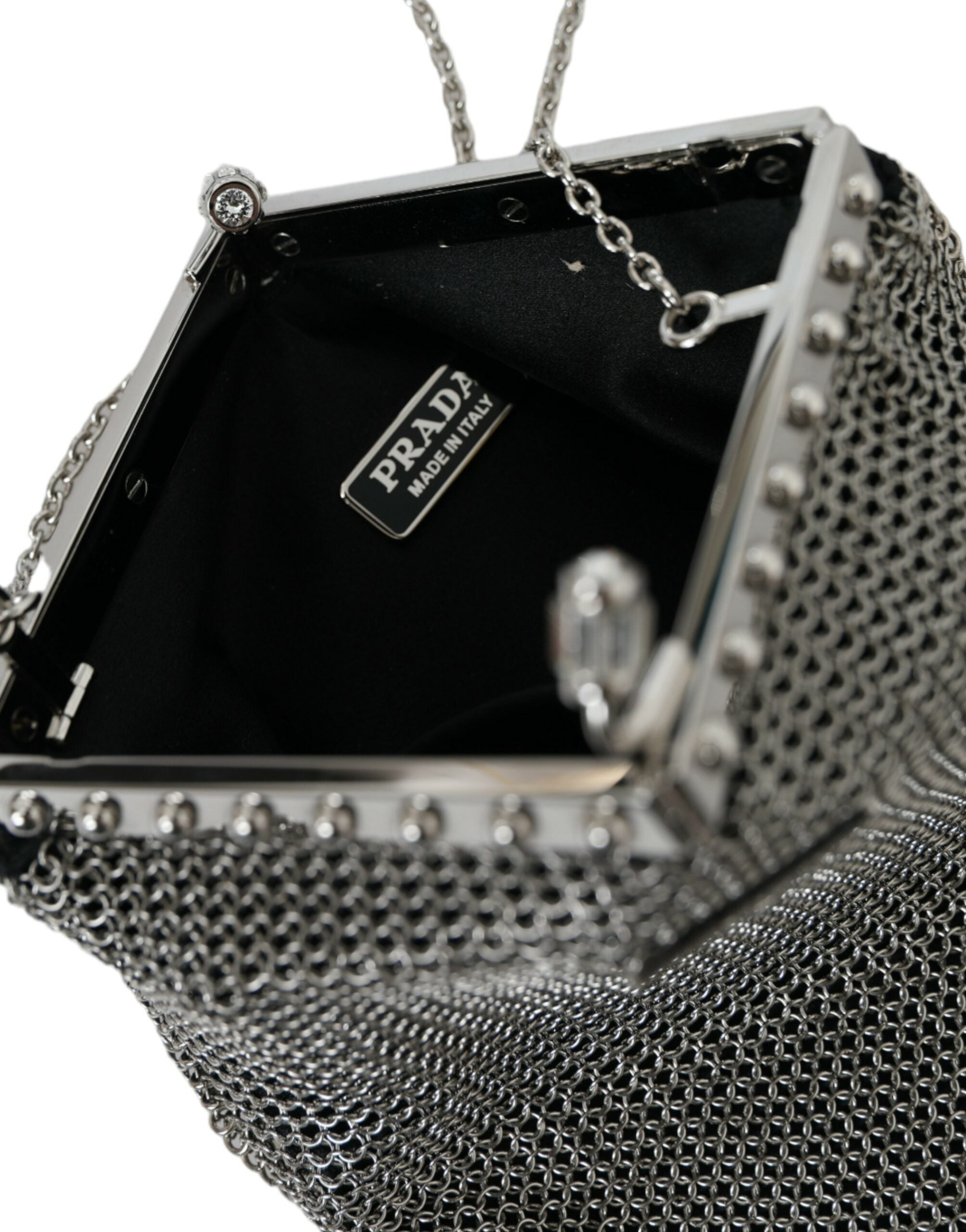 Prada Gray Chain Metal Mesh Logo Plaque Bandoliera Shoulder Bag