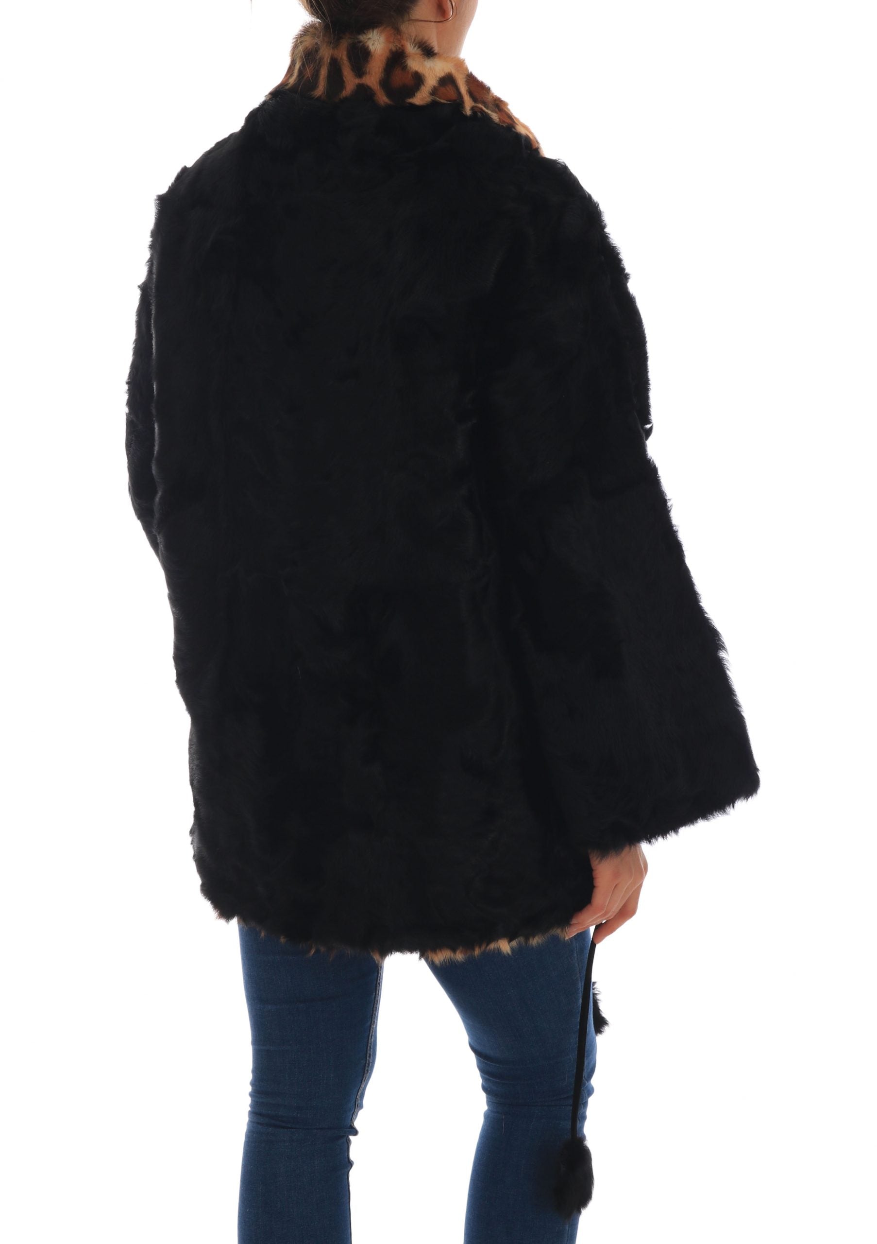 Dolce & Gabbana Black Lamb Leopard Print Fur Coat Jacket
